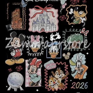 May include: Black graphic featuring various Disney characters and landmarks, including Mickey Mouse, Minnie Mouse, and Cinderella's castle. The text reads "Walt Disney World" and "The Most Magical Place on Earth" with the year "2026".