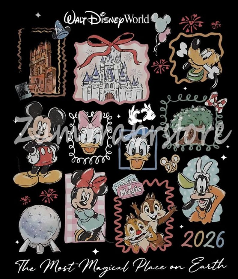 May include: Black graphic featuring various Disney characters and landmarks, including Mickey Mouse, Minnie Mouse, and Cinderella's castle. The text reads "Walt Disney World" and "The Most Magical Place on Earth" with the year "2026".