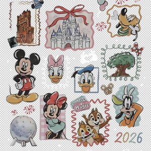 May include: A collection of Disney-themed illustrations featuring Mickey Mouse, Minnie Mouse, Donald Duck, Daisy Duck, Goofy, Chip and Dale, and Cinderella's castle. The image includes the text "Walt Disney World" and the year "2026".