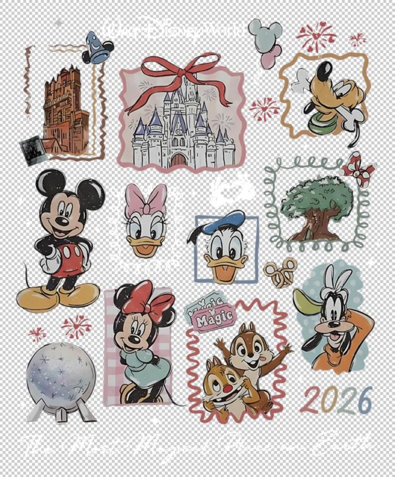 May include: A collection of Disney-themed illustrations featuring Mickey Mouse, Minnie Mouse, Donald Duck, Daisy Duck, Goofy, Chip and Dale, and Cinderella's castle. The image includes the text "Walt Disney World" and the year "2026".