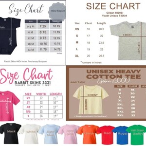 May include: A collection of four size charts for apparel including a black infant bodysuit, a grey youth t-shirt, a pink toddler t-shirt, and a light yellow adult t-shirt. Each chart displays width and length measurements in inches for various sizes.