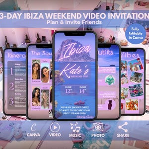 Op de afbeelding: Verschillende smartphones tonen een video-uitnodiging voor een 3-daags Ibiza-weekend. De hoofdmobiel toont een strandsc&egrave;ne met de tekst "Kate's Weekend Trip". Andere schermen tonen de route, foto's en de tekst "Fully Editable in Canva". Pictogrammen voor video, muziek, foto en delen zijn zichtbaar.