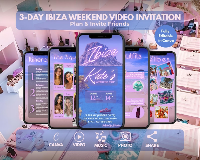 Op de afbeelding: Verschillende smartphones tonen een video-uitnodiging voor een 3-daags Ibiza-weekend. De hoofdmobiel toont een strandsc&egrave;ne met de tekst "Kate's Weekend Trip". Andere schermen tonen de route, foto's en de tekst "Fully Editable in Canva". Pictogrammen voor video, muziek, foto en delen zijn zichtbaar.