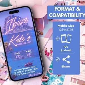 Op de afbeelding: Een smartphone toont een digitale uitnodiging voor "Ibiza Kate's Weekend Trip" met een strandsc&egrave;ne. De uitnodiging bevat data, een oproep tot RSVP en contactgegevens. De afbeelding bevat ook informatie over formaat en compatibiliteit.