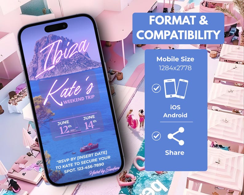 Op de afbeelding: Een smartphone toont een digitale uitnodiging voor "Ibiza Kate's Weekend Trip" met een strandsc&egrave;ne. De uitnodiging bevat data, een oproep tot RSVP en contactgegevens. De afbeelding bevat ook informatie over formaat en compatibiliteit.