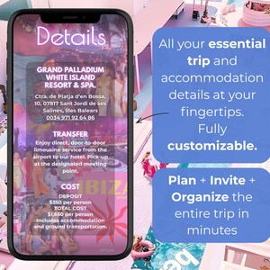 Op de afbeelding: Een smartphone toont reisinformatie voor Grand Palladium White Island Resort & Spa. De tekst bevat het adres, telefoonnummer en transferservices van het resort. Extra tekst benadrukt reisdetails, accommodatie en aanpassingsopties.