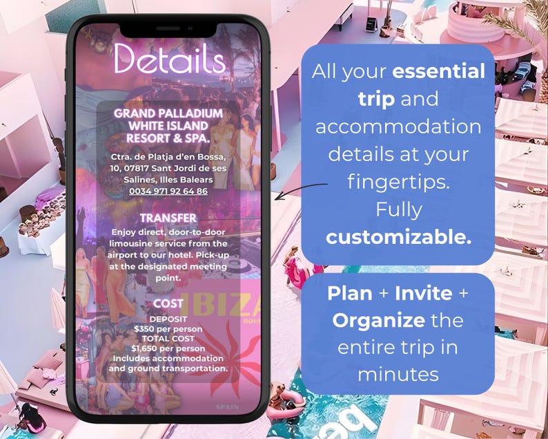 Op de afbeelding: Een smartphone toont reisinformatie voor Grand Palladium White Island Resort & Spa. De tekst bevat het adres, telefoonnummer en transferservices van het resort. Extra tekst benadrukt reisdetails, accommodatie en aanpassingsopties.