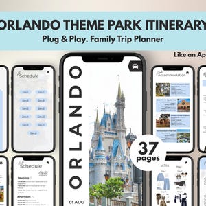Könnte beinhalten: Ein digitaler Orlando-Themenpark-Reiseplan, der auf mehreren Smartphones angezeigt wird. Das Haupttelefon zeigt ein Schlossbild mit dem Wort "ORLANDO". Andere Bildschirme zeigen Inhalte, Zeitpläne, Unterkünfte, Restaurants, Touren und Checklisten.