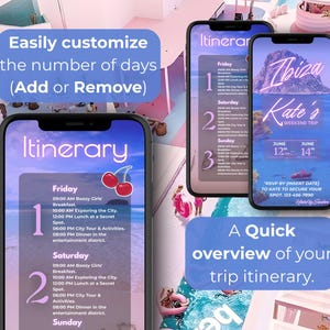 Op de afbeelding: Drie smartphones die een reisroute weergeven. De schermen tonen een schema met tijden en activiteiten, waaronder een weekendtrip naar Ibiza. Tekst op de schermen bevat "Reisroute", "Vrijdag", "Zaterdag" en "Zondag". Extra tekst zegt "Pas eenvoudig het aantal dagen aan" en "Een snel overzicht van uw reisroute."