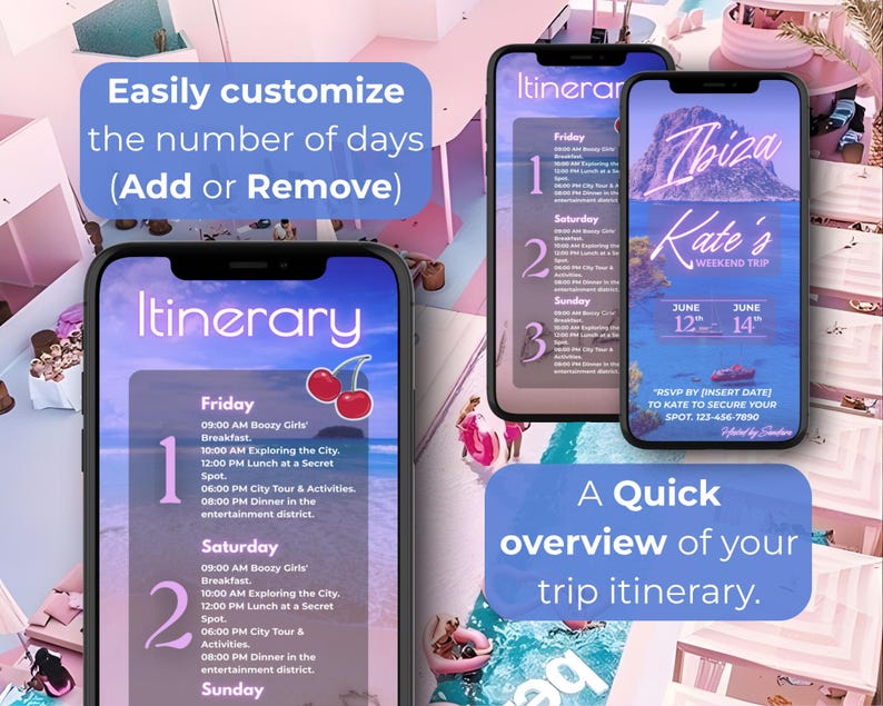 Op de afbeelding: Drie smartphones die een reisroute weergeven. De schermen tonen een schema met tijden en activiteiten, waaronder een weekendtrip naar Ibiza. Tekst op de schermen bevat "Reisroute", "Vrijdag", "Zaterdag" en "Zondag". Extra tekst zegt "Pas eenvoudig het aantal dagen aan" en "Een snel overzicht van uw reisroute."