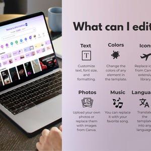 Op de afbeelding: Een zilveren laptop met een website-interface met ontwerpopties. Het scherm toont bewerkingsopties voor tekst, kleuren, pictogrammen, foto's, muziek en taal. De tekst "What can I edit?" wordt aan de rechterkant van de laptop weergegeven.