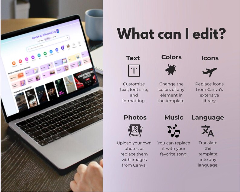 Op de afbeelding: Een zilveren laptop met een website-interface met ontwerpopties. Het scherm toont bewerkingsopties voor tekst, kleuren, pictogrammen, foto's, muziek en taal. De tekst "What can I edit?" wordt aan de rechterkant van de laptop weergegeven.