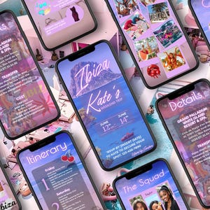 Op de afbeelding: Meerdere smartphones tonen details voor een weekendtrip naar Ibiza. De schermen tonen foto's, tekst en graphics in roze, paarse en blauwe tinten. De telefoons zijn in verschillende hoeken gerangschikt.