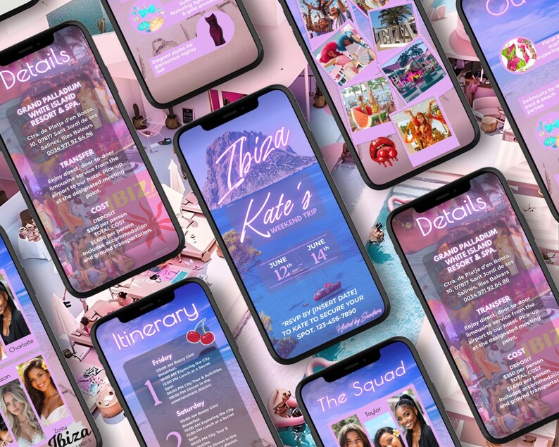 Op de afbeelding: Meerdere smartphones tonen details voor een weekendtrip naar Ibiza. De schermen tonen foto's, tekst en graphics in roze, paarse en blauwe tinten. De telefoons zijn in verschillende hoeken gerangschikt.