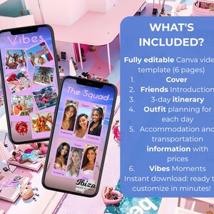 Op de afbeelding: Twee smartphones tonen een reisroute sjabloon. E&eacute;n telefoon toont foto's met het woord "Vibes", de andere toont foto's van vrouwen met de tekst "The Squad" en "Ibiza". Een blauwe rechthoek geeft weer wat er is inbegrepen.