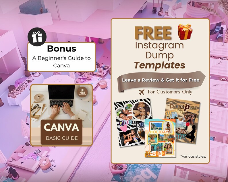 Op de afbeelding: Promotieafbeelding met tekst die gratis Instagram Dump Templates aanbiedt. Bevat een bonusgids voor Canva. De afbeelding toont voorbeeldtemplates en een laptop met de Canva-interface. De tekst luidt "Leave a Review & Get It for Free."
