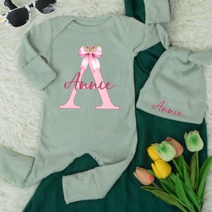Personalized Name Pink Bow Bodysuit, Custom Newborn Baby Girl Clothes, Girly Floral Initial Jumpsuit, Coming Home Outfit, Baby Shower Gift