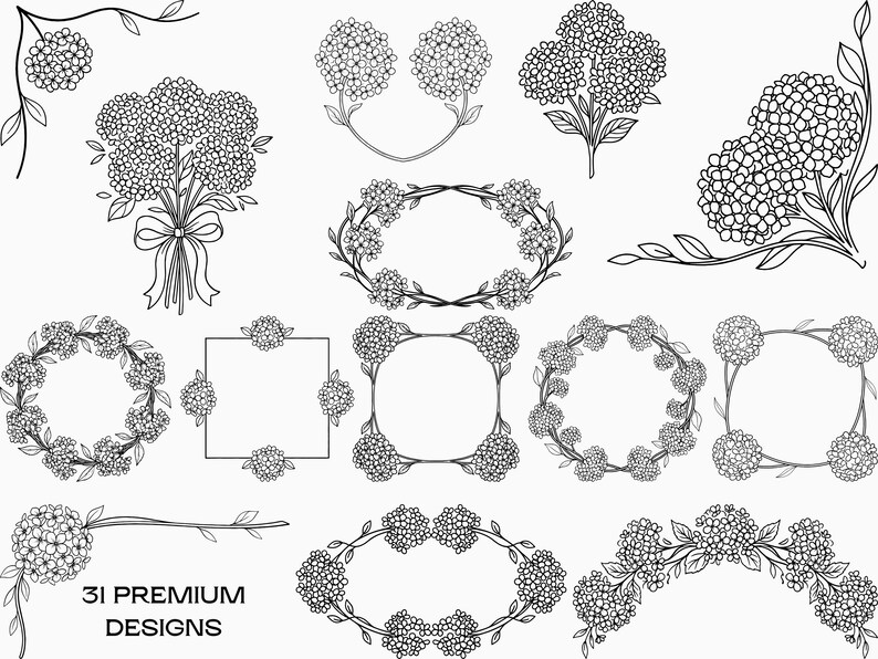 Hydrangea Flower Clipart SVG Bundle, Retro Line Art PNG (digital ...