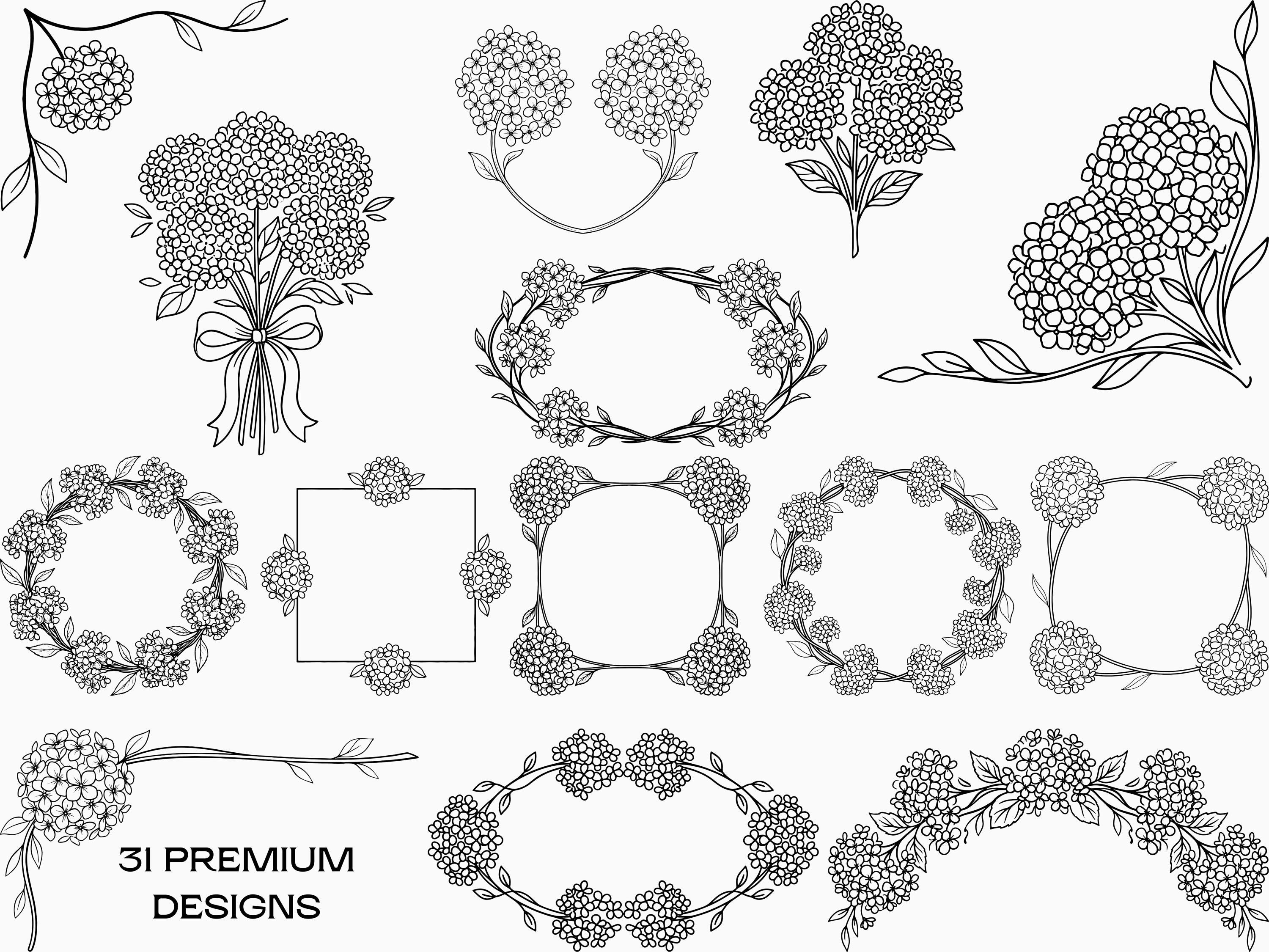 Hydrangea Flower Clipart SVG Bundle, Retro Line Art PNG (digital ...