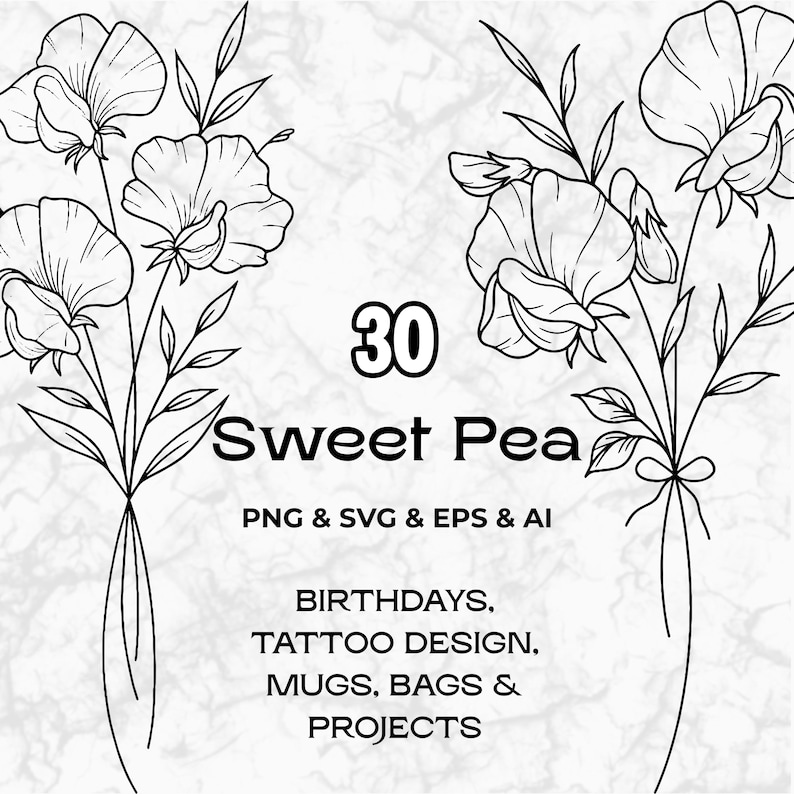 Sweet Pea Birth Flower Tattoo Design SVG, Minimalist Floral Line Art ...