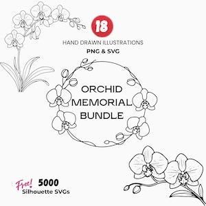 以下が含まれることがあります： ランの白黒イラスト。画像には「ORCHID MEMORIAL BUNDLE」というテキストと「HAND DRAWN ILLUSTRATIONS PNG & SVG」というテキストが入った円形デザインが含まれています。「Free! 5000 Silhouette SVGs」というテキストも含まれています。