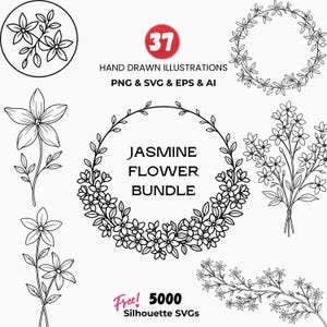 May include: A collection of hand-drawn jasmine flower illustrations in black and white. The image includes floral wreaths, sprigs, and individual flower designs. Text includes "Jasmine Flower Bundle" and "Free! 5000 Silhouette SVGs".