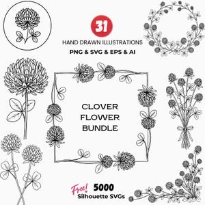 May include: Black and white hand-drawn illustrations of clover flowers in various arrangements. Includes a circular design, a wreath, a square border, and a bouquet. Text reads "CLOVER FLOWER BUNDLE" and "31 HAND DRAWN ILLUSTRATIONS".