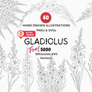 Gladiolus Birth Month Flower Line Art, Retro Botanical Floral SVG PNG (Instant Download)
