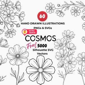 Cosmos Birth Month Wildflower Clipart, Botanical Line Art SVG PNG (Instant Download)