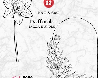 Daffodils SVG Bundle, Birth Month Flower Clipart, Floral Line Art PNG (Digital Download)