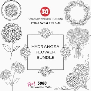 May include: A collection of black and white hydrangea flower illustrations. The image includes a wreath, a bouquet, and individual flower stems. Text includes "30 Hand Drawn Illustrations" and "Hydrangea Flower Bundle."