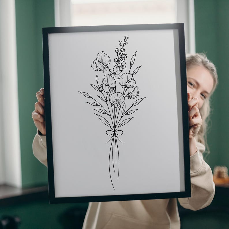 Sweet Pea Birth Flower Tattoo Design SVG, Minimalist Floral Line Art ...