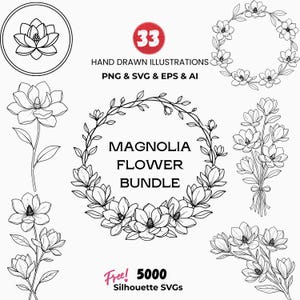 May include: A collection of hand-drawn magnolia flower illustrations in black and white. The image includes a circular design, a wreath, and various floral arrangements. Text includes "33 Hand Drawn Illustrations" and "Magnolia Flower Bundle".