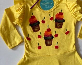 Princess Twirly Dress, Cupcakes and  Cherries, Handmade and Handpainted, Machine Washable, Super Soft