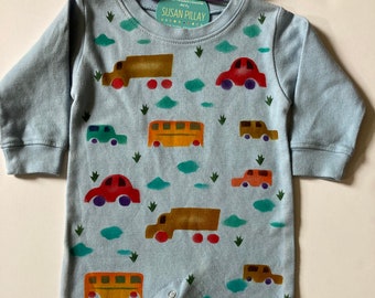 Cars, Trucks & Buses/ Baby Boy Car Romper/ 100% Cotton/Hand Painted/Baby Boy Coming Home / Transportation/ Trendy Boho Baby/ Baby Sleeper/