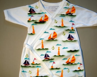 Newborn Baby Kimono, Hand Painted Romper, Organic Body suit,  Sailboats