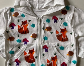 Fox Hoodie, Hedge Hogs, Woodlands Motif, Natural Cotton