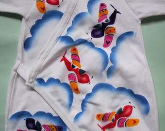 Airplane Baby Kimono, Hand Painted, Natural, Untreated Fabrics, Eco-Friendly Dyes