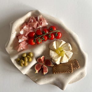 May include: A speckled, off-white ceramic serving platter with various food items. Includes prosciutto, cherry tomatoes, olives, figs, brie cheese, grapes, and crackers. Ideal for appetizers or a charcuterie board.