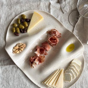 Ceramic Serving Tray | Stoneware Charcuterie Board | Wavy Tapas Platter for Appetizers & Wine Night | Beige