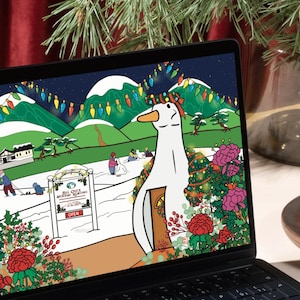 May include: A laptop displays a whimsical winter scene with a cartoon goose, snow-covered mountains, and colorful lights. A festive cocktail with a sugared rim sits nearby, with a sprig of pine in the background.