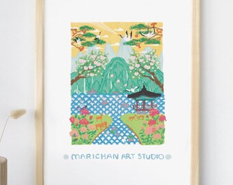 Stampa artistica coreana Minhwa / Poster con sole, luna e cime in tonalità pastello (download digitale)