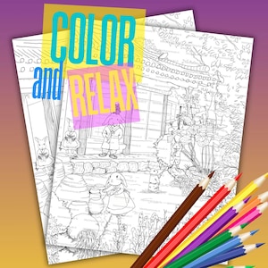 May include: Coloring pages featuring detailed line art of rabbits in traditional Korean clothing and settings. The words "COLOR and RELAX" are overlaid in teal, yellow, and pink. Colored pencils are in the foreground.