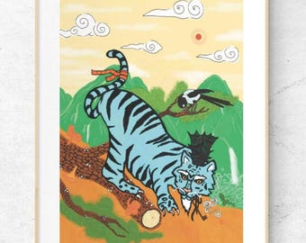 韓国民画の虎とカササギの版画 | 韓国の民画 | 韓国の伝統的な虎