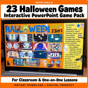 23 Halloween PowerPoint-spellen voor ESL-lessen, interactieve lesactiviteiten en een handleiding voor de docent.