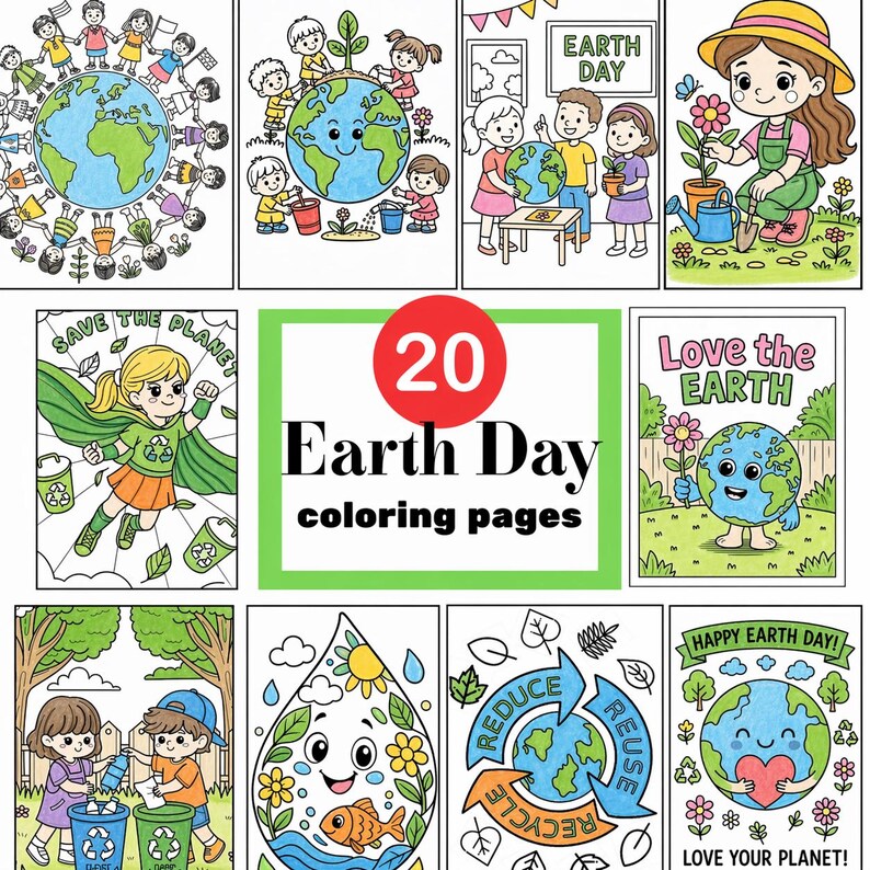 20 Earth Day Coloring Pages, Kids Nature Craft Activities (PDF JPG ...