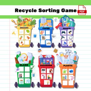 Op de afbeelding: Een kleurrijke educatieve poster getiteld "Recycle Sorting Game" met zes geïllustreerde recyclingbakken met de labels "Organic", "Paper", "Ewaste", "Glass", "Hazardous" en "Plastic". Elke bak bevat gerelateerde items.