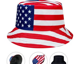Reversible American Flag Bucket Hat, Patriotic Stars Stripes Sun Hat, 4th of July Cap, Foldable USA 250th Summer Beach Hat