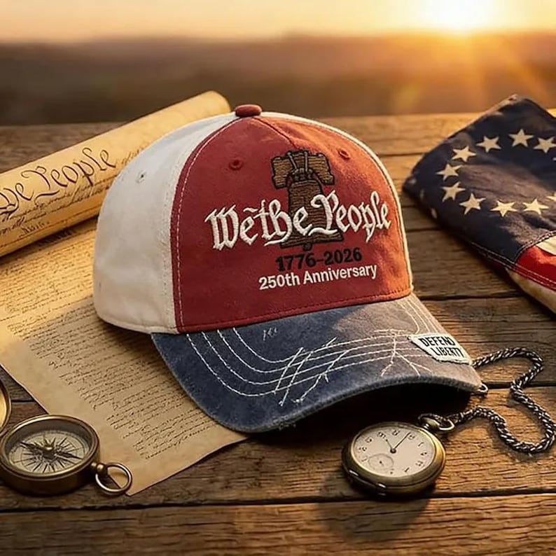 May include: A red, white, and blue baseball cap with the text "We the People" and "1776-2026 250th Anniversary." The cap has a distressed denim brim and a small patch that reads "Defend Liberty."