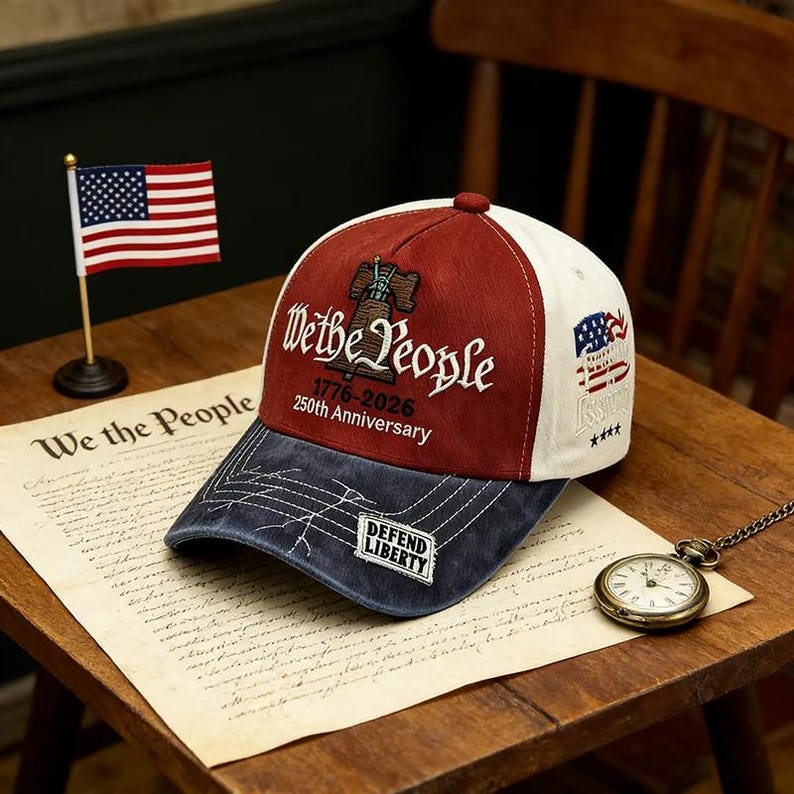 May include: A red, white, and blue baseball cap with the text "We the People" and "1776-2026 250th Anniversary." The cap has a blue brim and a small American flag on a stand. A pocket watch and a document are also visible.